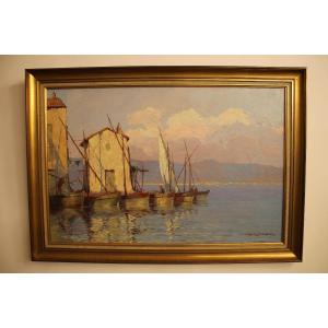 Léon Zeytline (1885-1952) Mediterranean Port, Oil On Panel