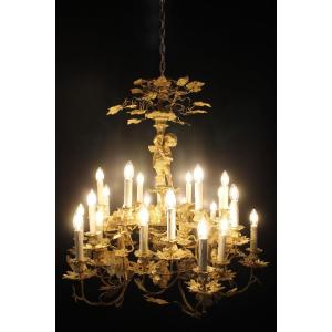 Important Bronze Chandelier In Putto, End Of The 19th Century