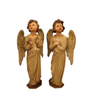 Pair Of Carved Wooden Angels, 19th Century