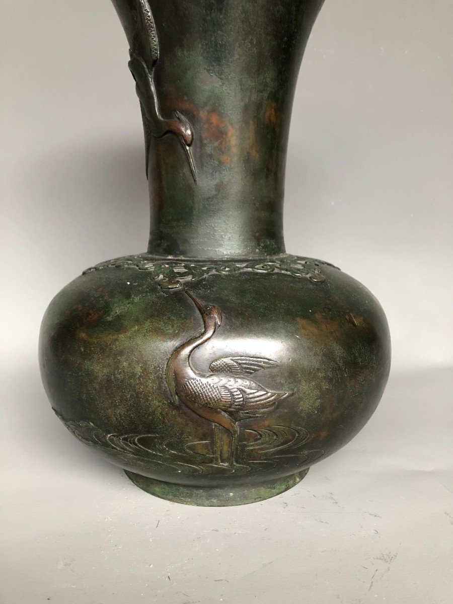 Vase En Bronze Japon - Fin Du XIXème - Décor De Végétaux Et Grues-photo-1