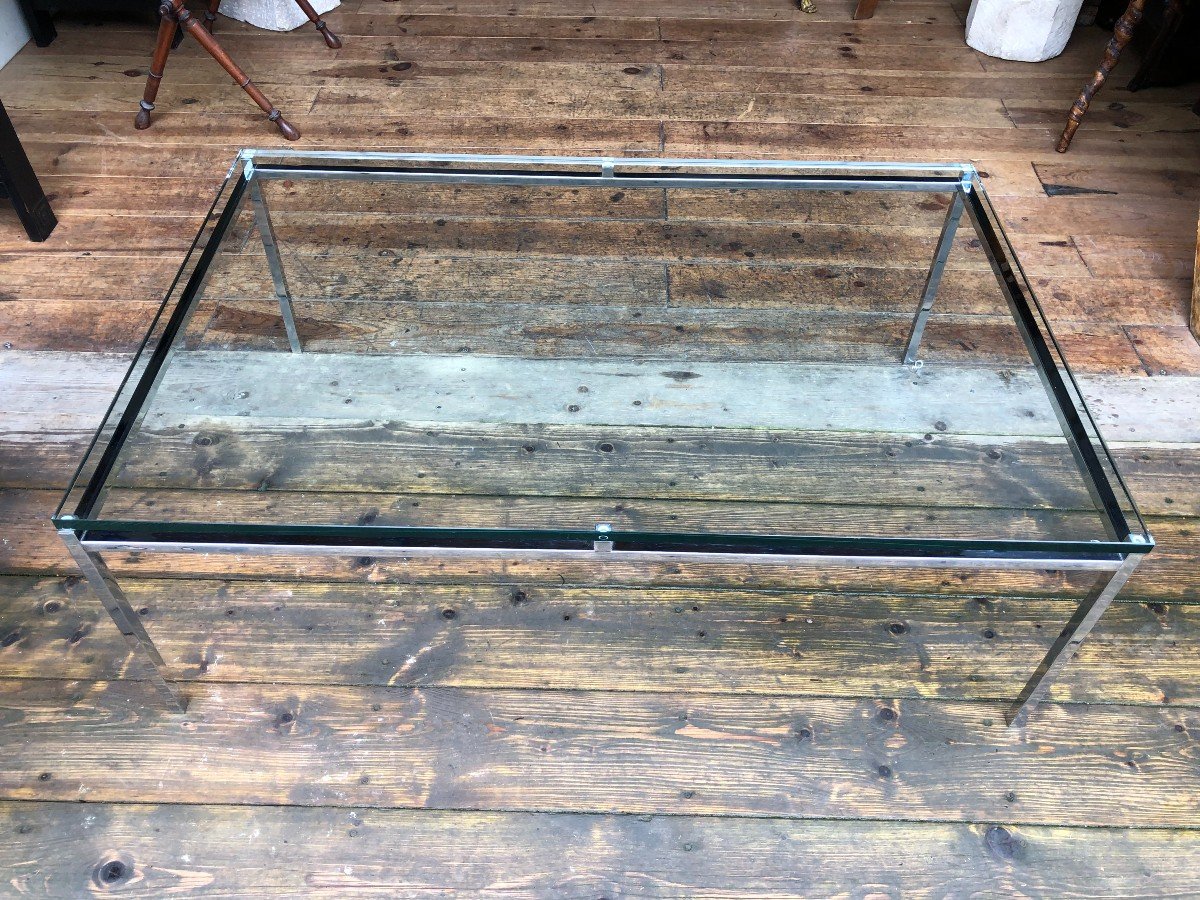 Coffee Table In Chromed Metal And Glass Slab - 1970s-photo-2