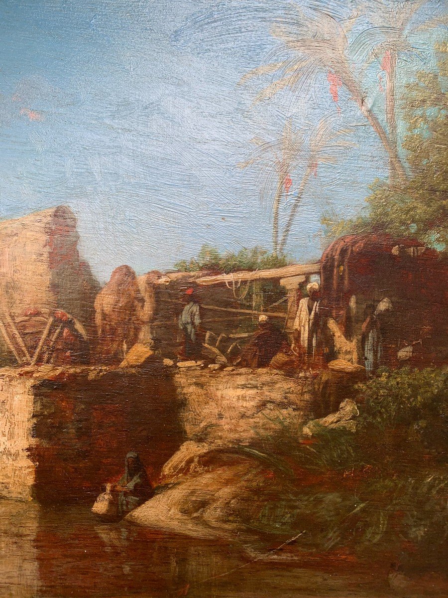 Etienne Billet (1821-1888) - Le Repos De La Caravane - Hsp Orientaliste - XIXème-photo-4