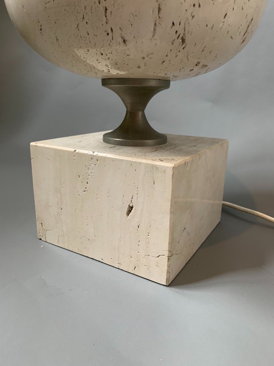 Travertine And Nickel-plated Brass Lamp - 1970s - Attributed To Philippe Barbier-photo-4