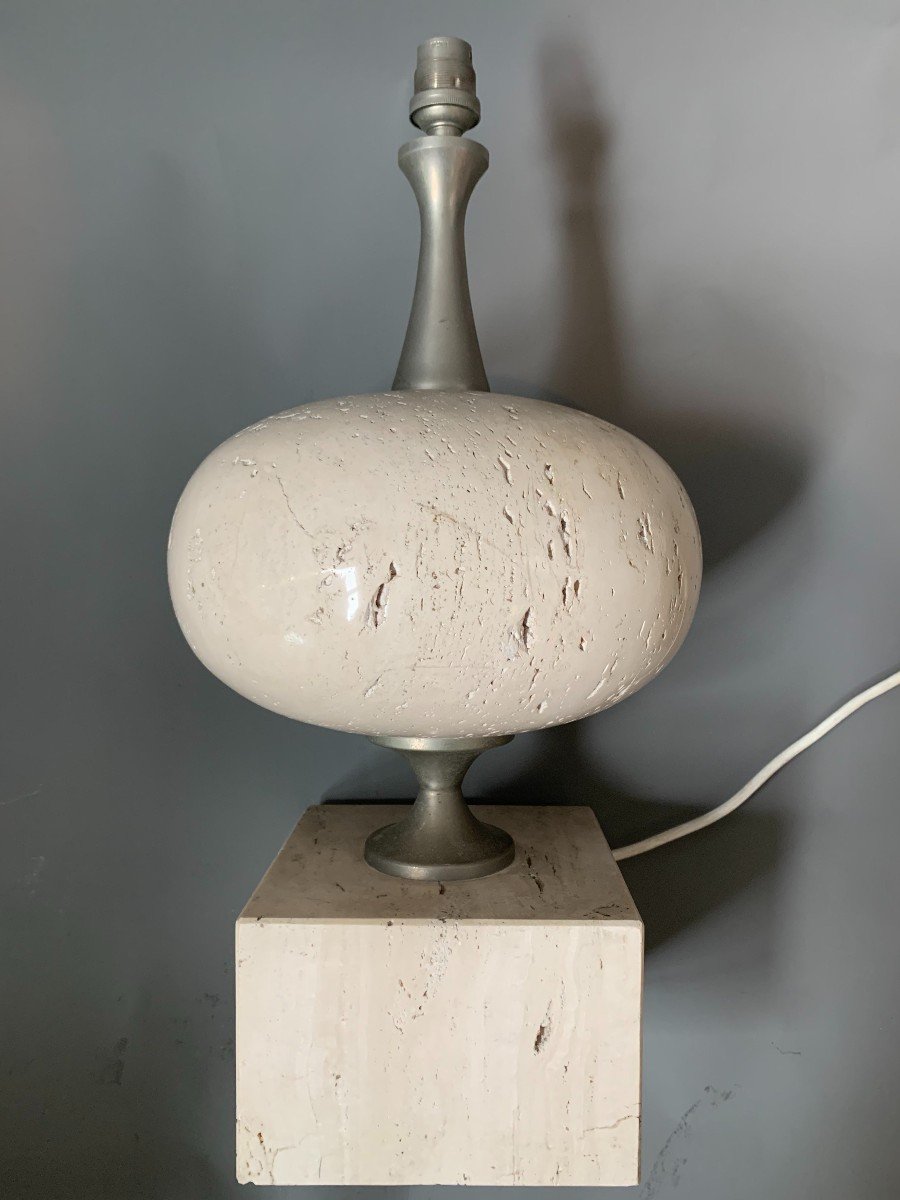 Travertine And Nickel-plated Brass Lamp - 1970s - Attributed To Philippe Barbier-photo-1