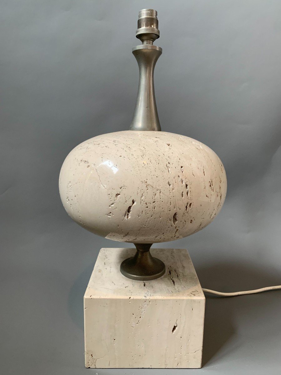 Travertine And Nickel-plated Brass Lamp - 1970s - Attributed To Philippe Barbier