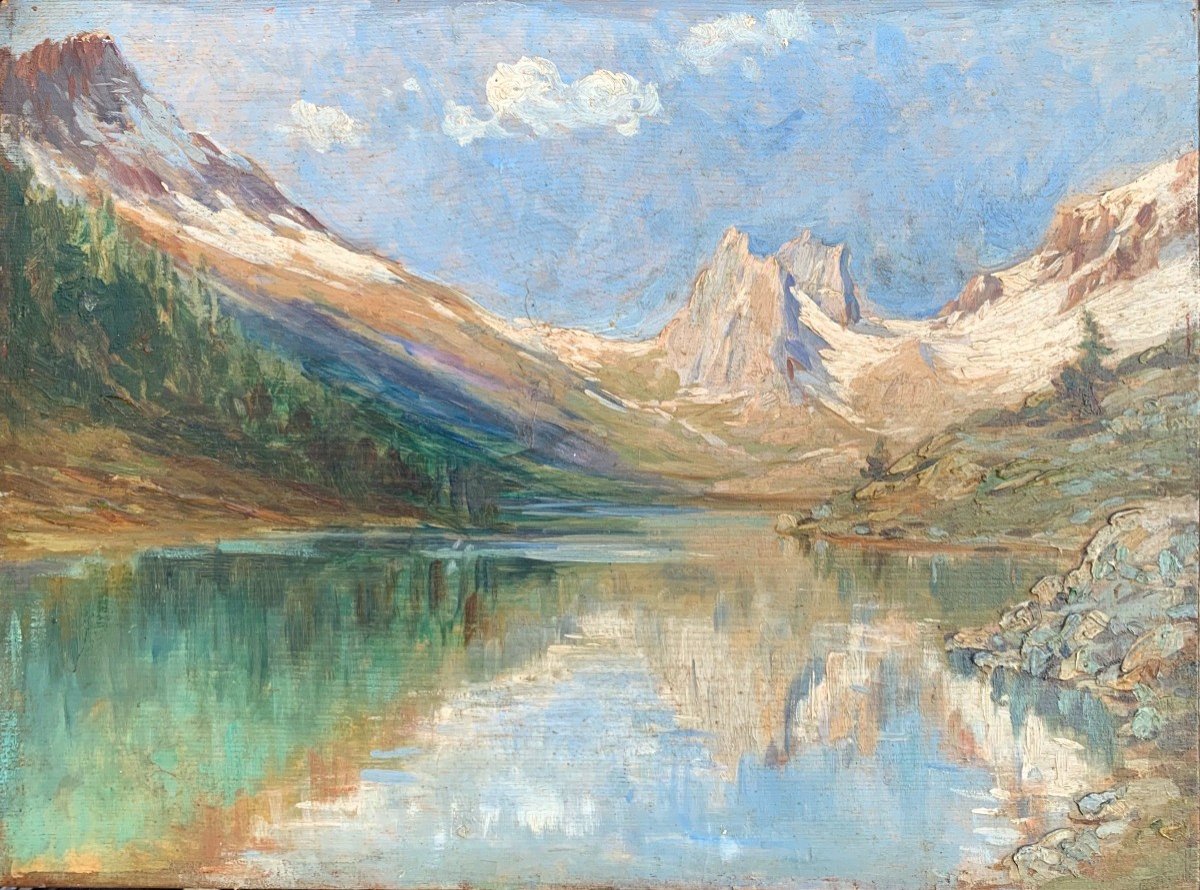 Huile Sur Panneau - Paysage De Lac De Montagne Et Glacier - Début XXème