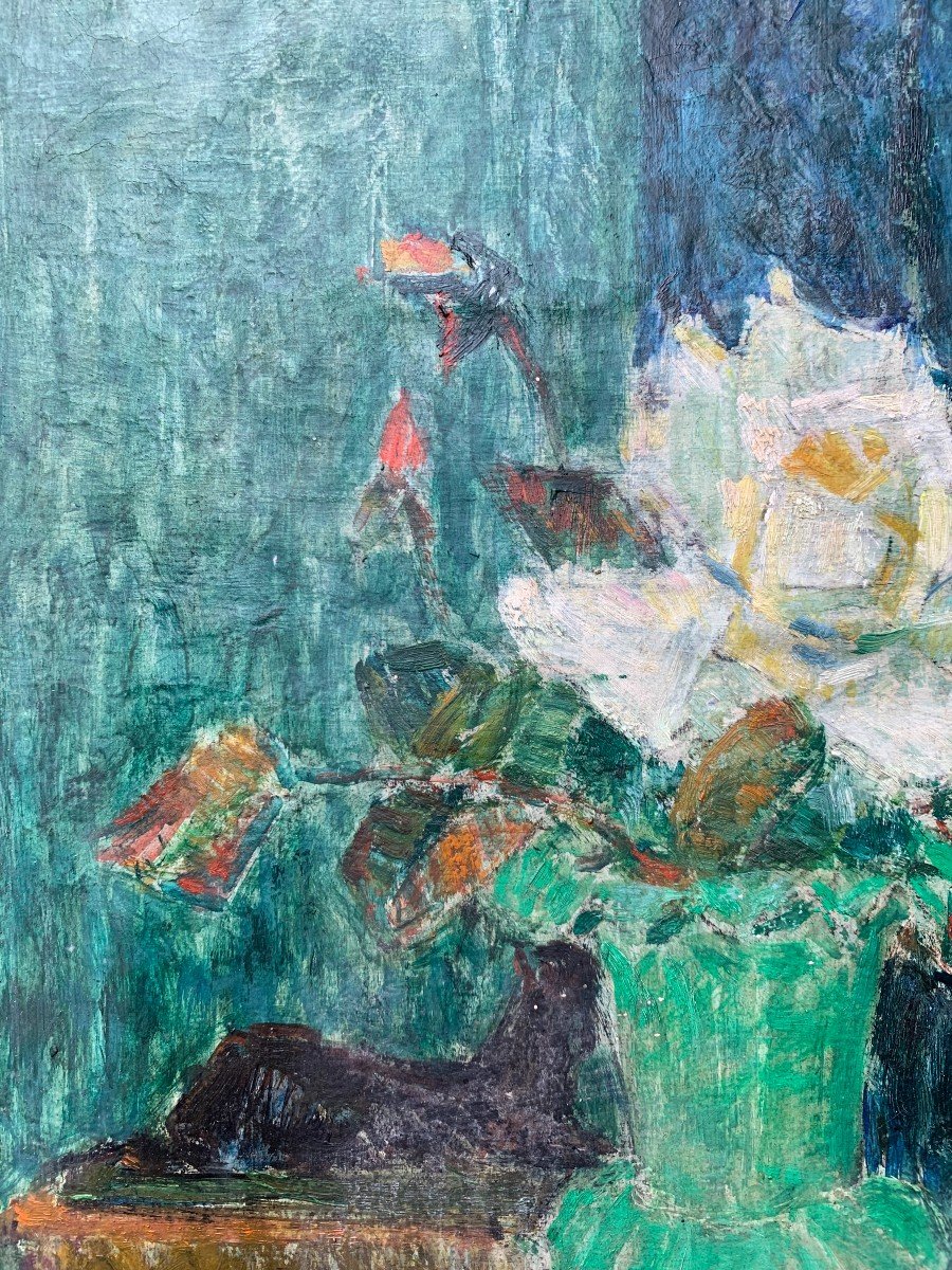 Huile Sur Toile - Années 50 - Nature Morte Au Bouquet - Signée-photo-3