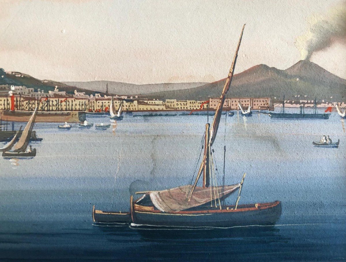 Gouache Napolitaine - Début XIXème - Vue Du Vésuve - Baie Naples-photo-2