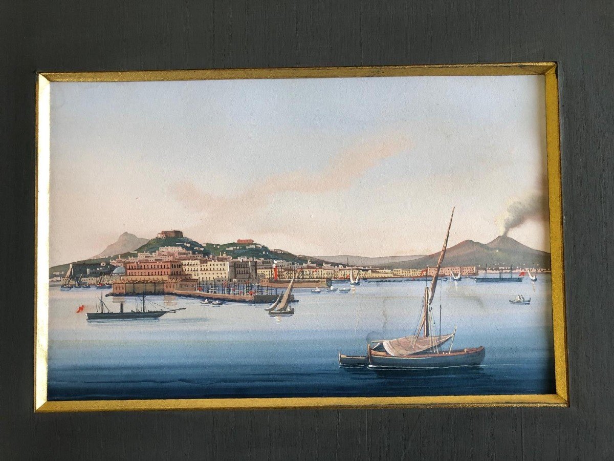 Gouache Napolitaine - Début XIXème - Vue Du Vésuve - Baie Naples-photo-4