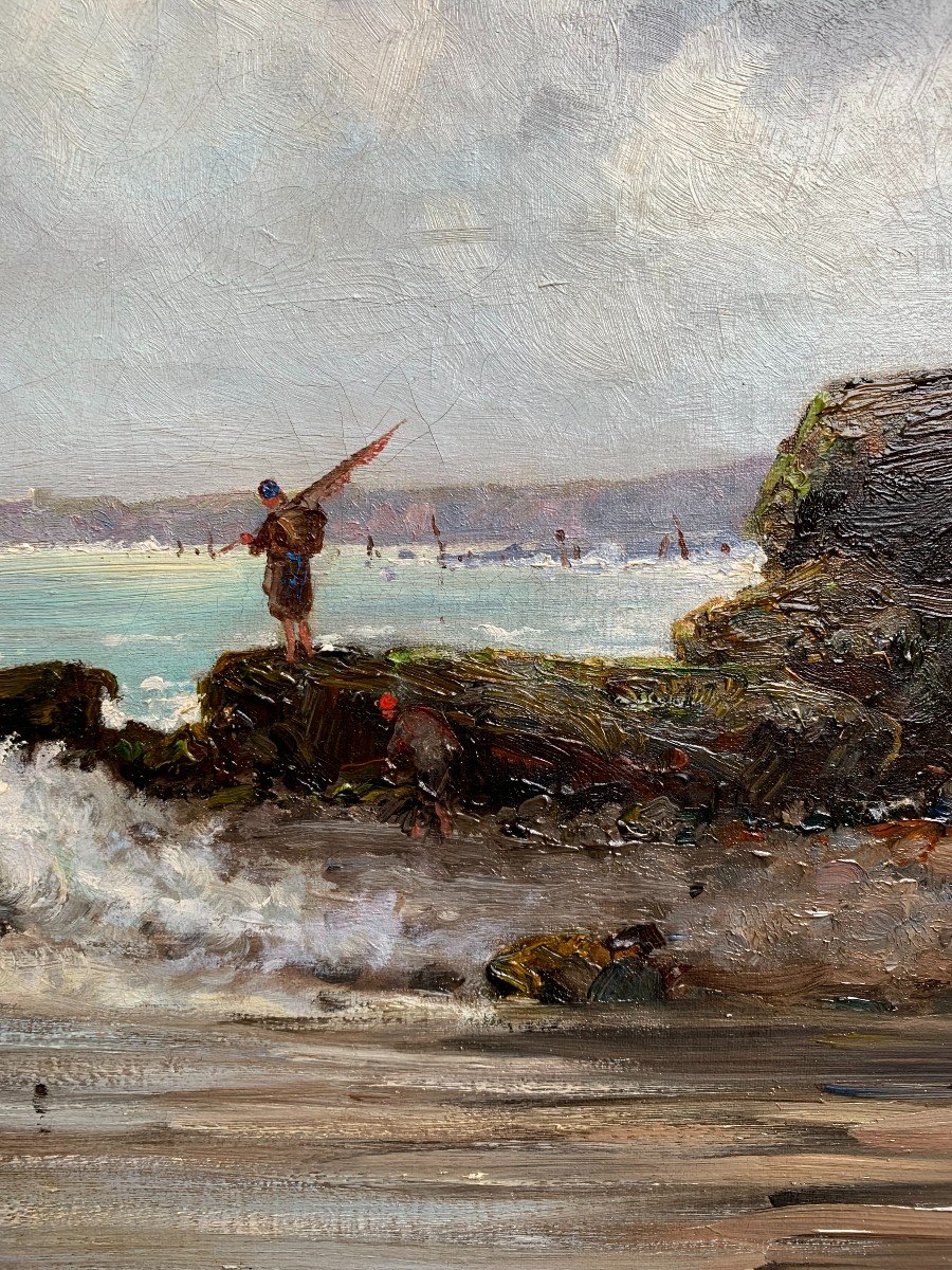 Marcel Sauvaige (1855-1927) - Pécheur Au Bord De La Mer En Bretagne - Huile Sur Toile-photo-2