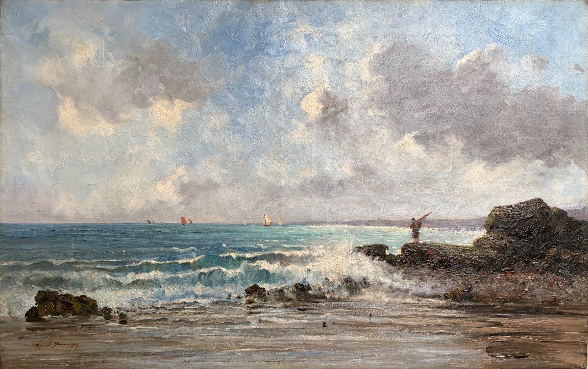 Marcel Sauvaige (1855-1927) - Pécheur Au Bord De La Mer En Bretagne - Huile Sur Toile