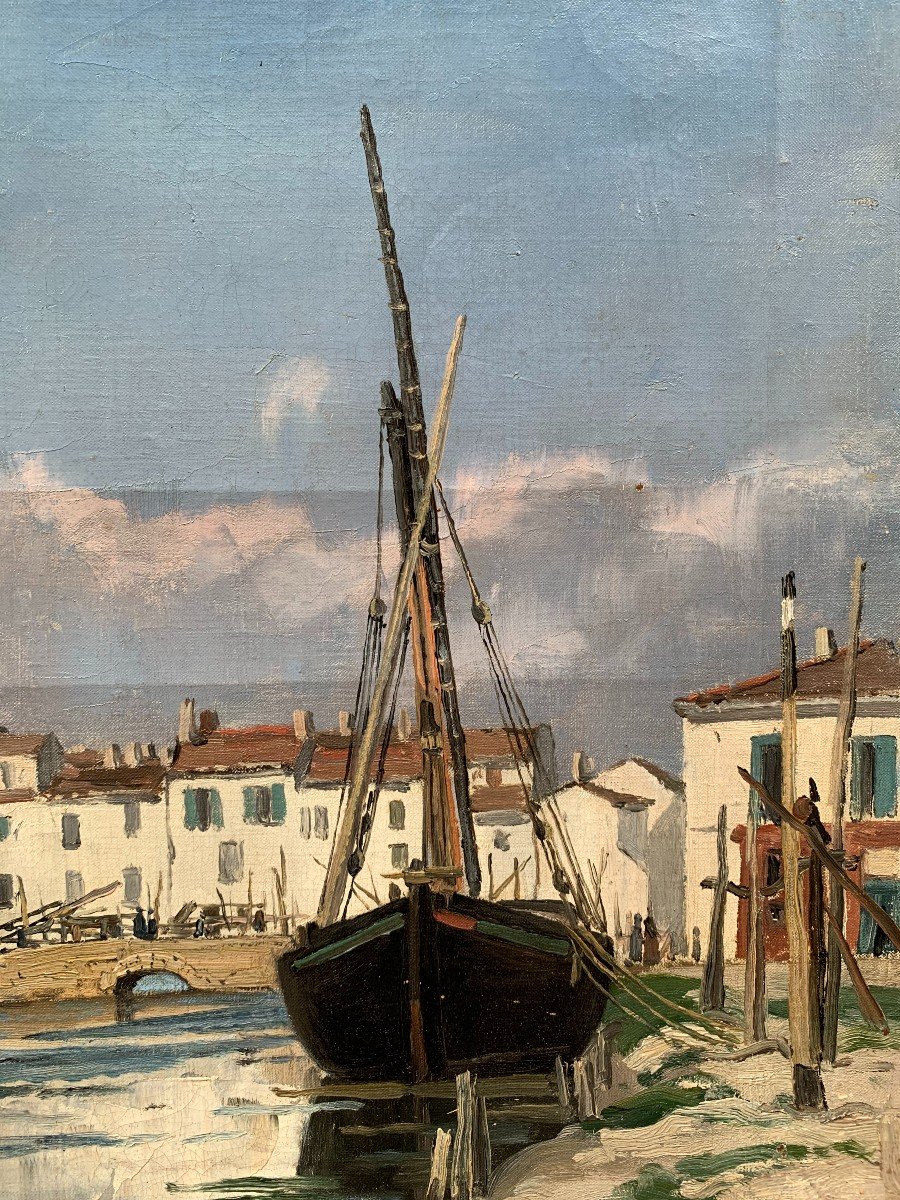 Oil On Canvas - 19th Century - Marine - Boat On Bers -photo-1