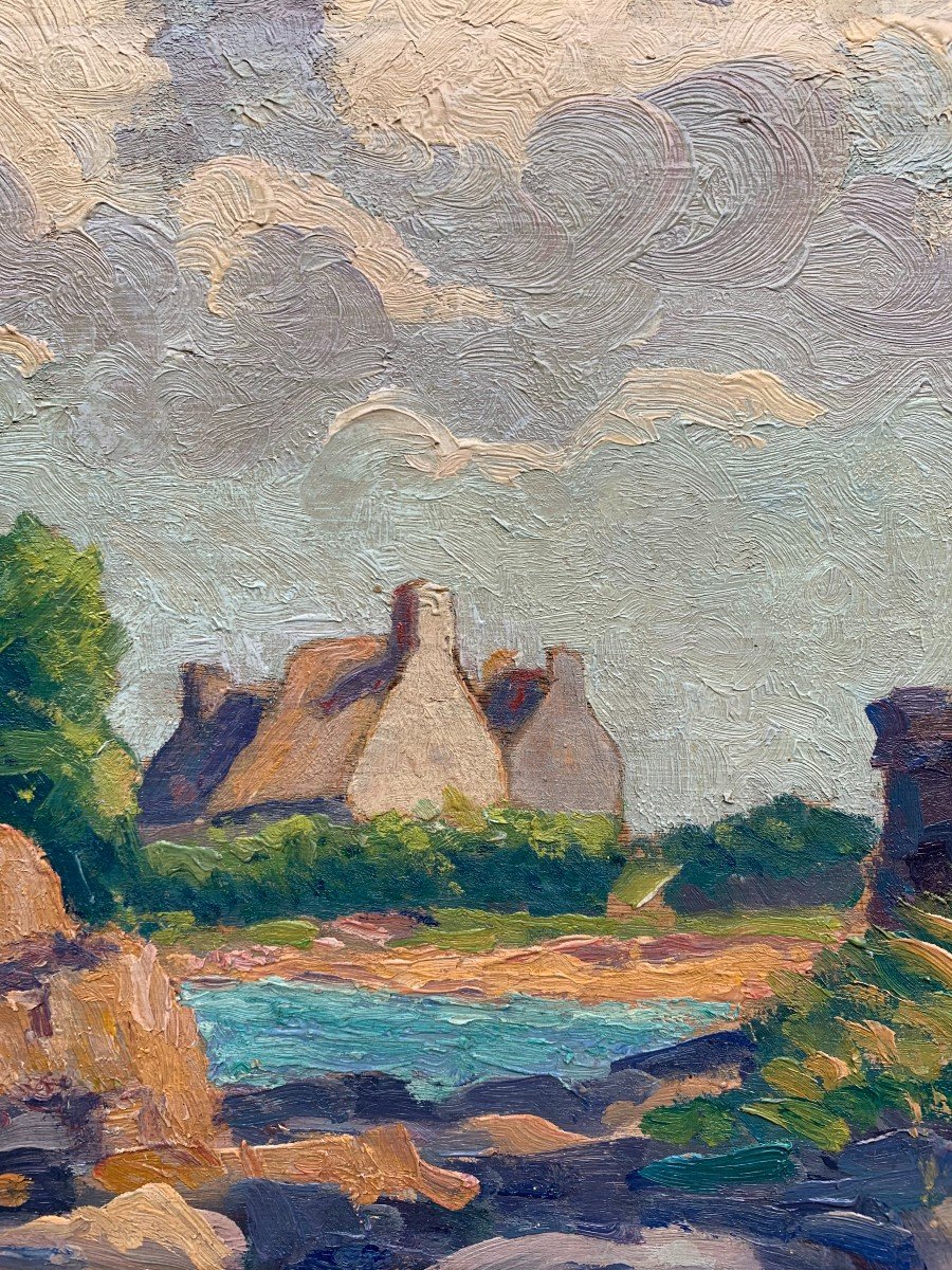 Charles Menneret (1876-1946) - Paysage Breton Aux Maisons - Huile Sur Panneau De Bois-photo-3