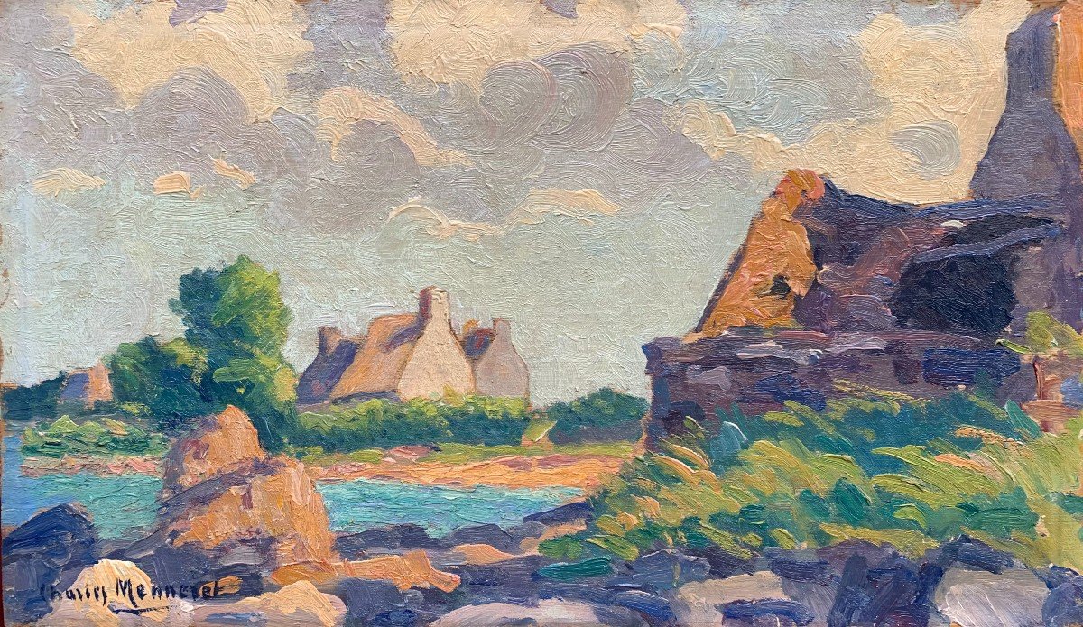 Charles Menneret (1876-1946) - Paysage Breton Aux Maisons - Huile Sur Panneau De Bois