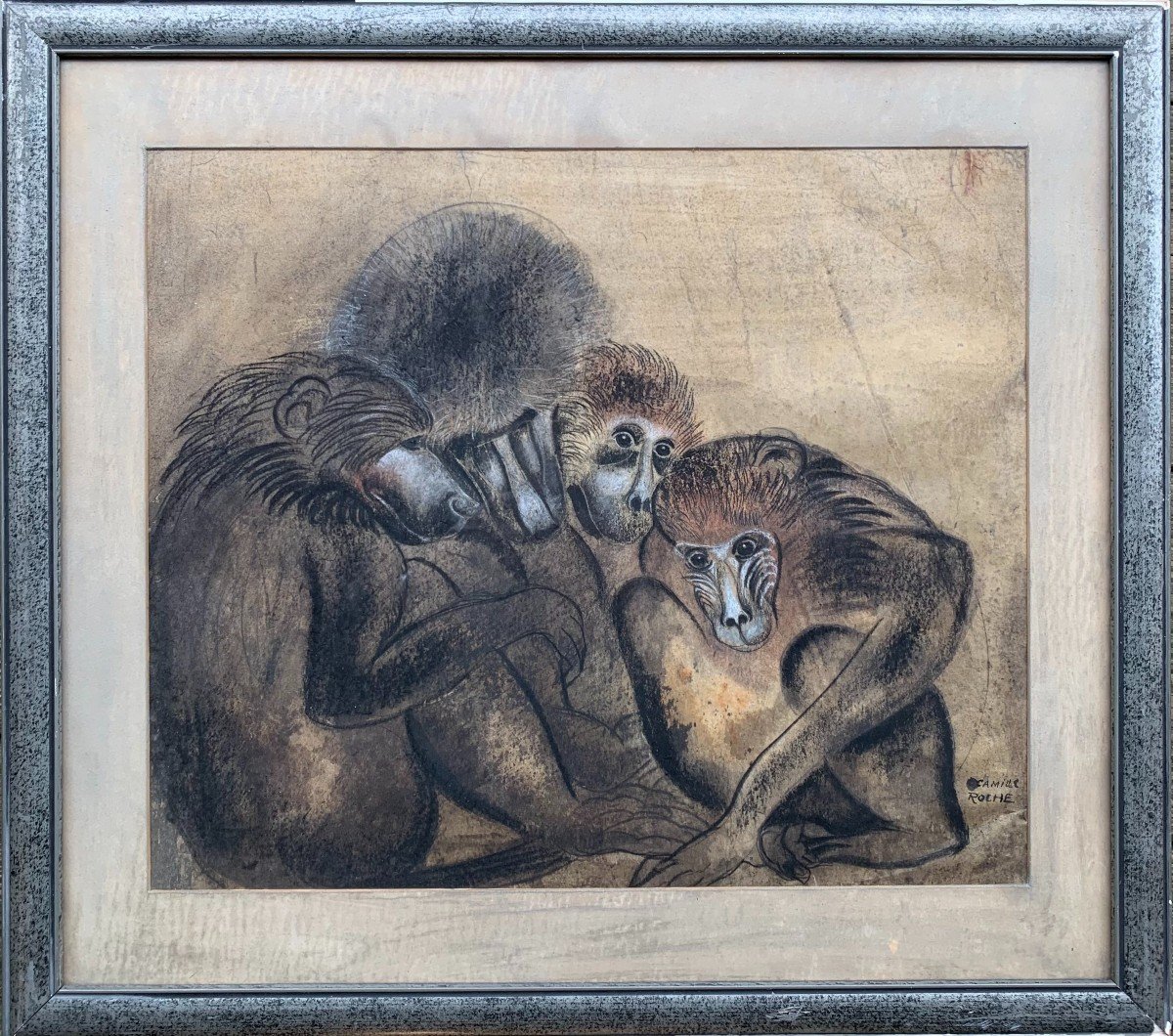 Camille Roche (1894-1948) - The Monkeys - Pastel And Charcoal -photo-2