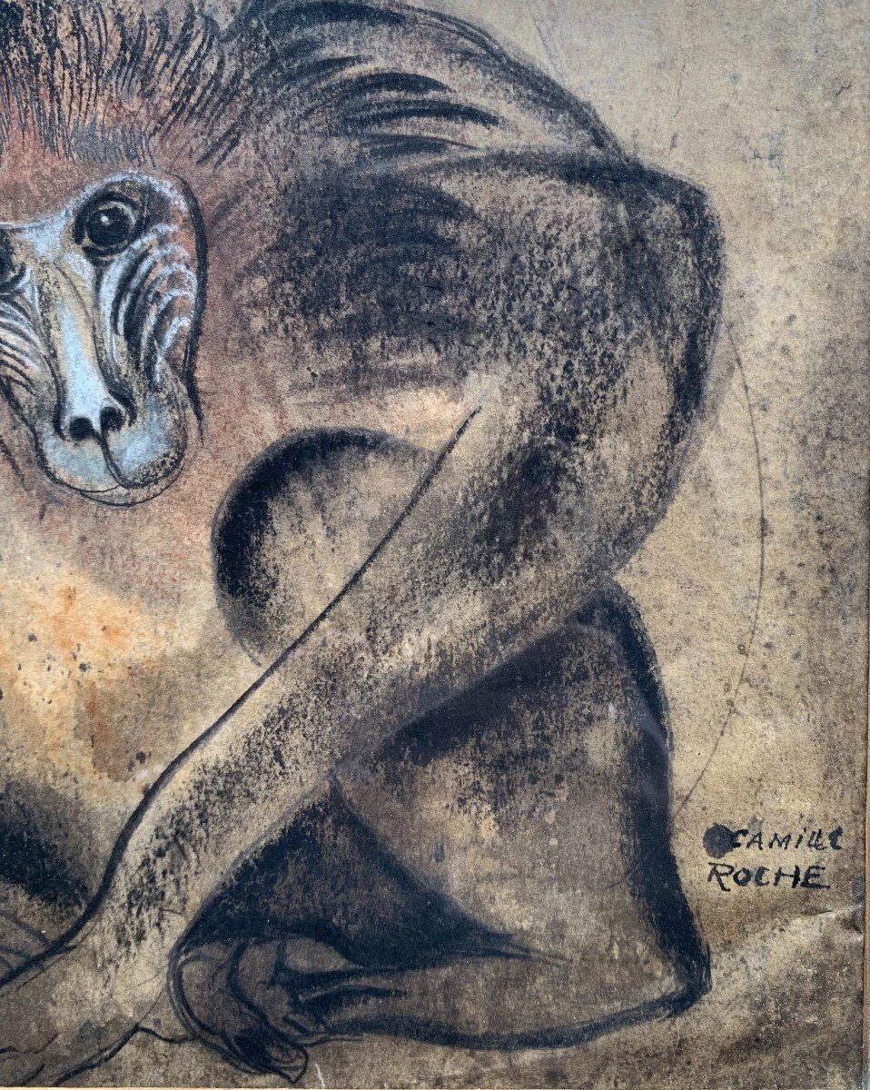 Camille Roche (1894-1948) - The Monkeys - Pastel And Charcoal -photo-3