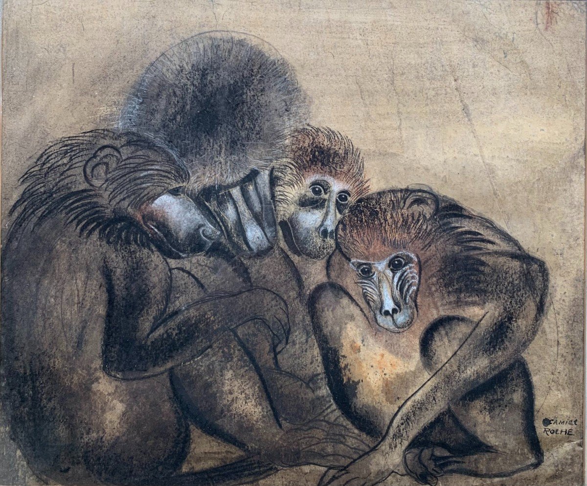 Camille Roche (1894-1948) - The Monkeys - Pastel And Charcoal 