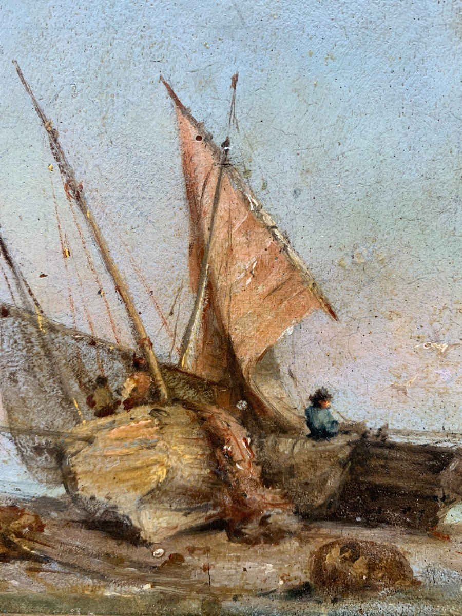 Eugène Isabey (1804-1886) - Jeune Pêcheur Sur Un Bateau - Huile Sur Bois-photo-3