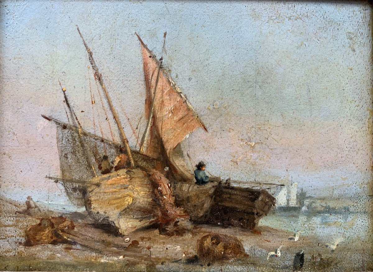 Eugène Isabey (1804-1886) - Jeune Pêcheur Sur Un Bateau - Huile Sur Bois