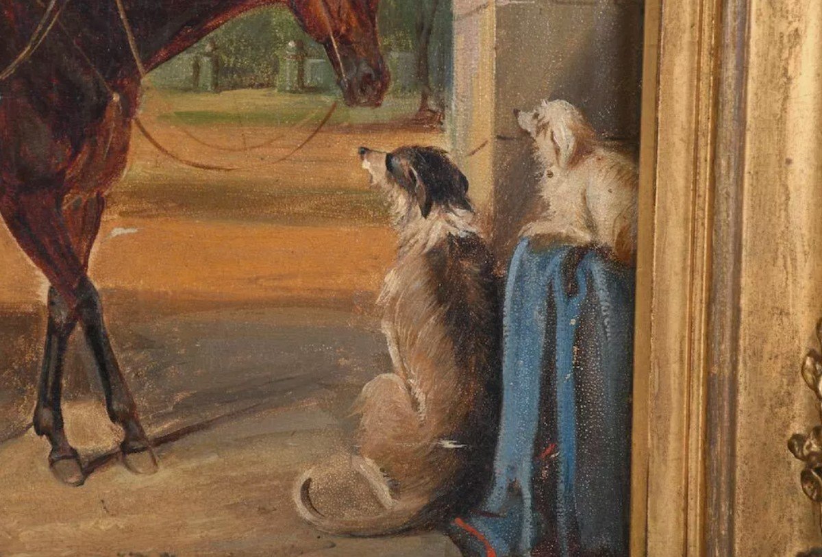 Huile Sur Toile - XIXème - Chevaux Et Chiens Dans l'écurie -photo-3