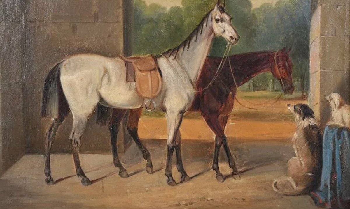 Huile Sur Toile - XIXème - Chevaux Et Chiens Dans l'écurie -photo-1