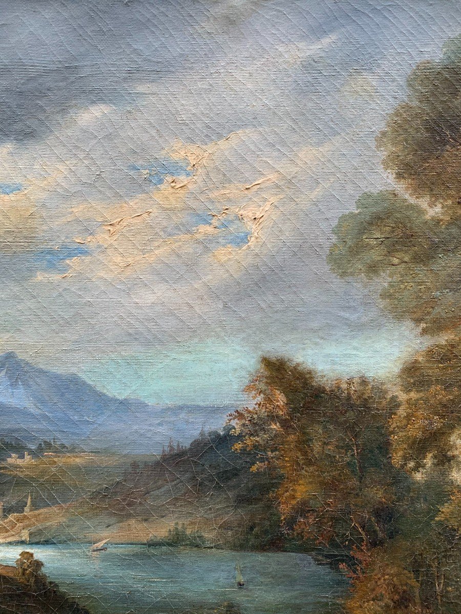 Huile Sur Toile XIXème - Paysage à La Mer, Montagnes Et Personnage-photo-1