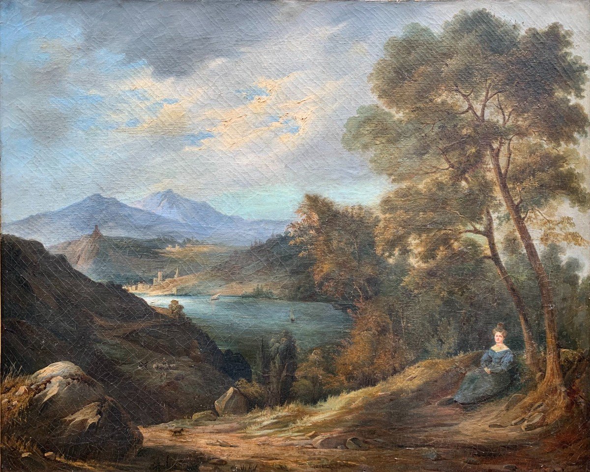 Huile Sur Toile XIXème - Paysage à La Mer, Montagnes Et Personnage