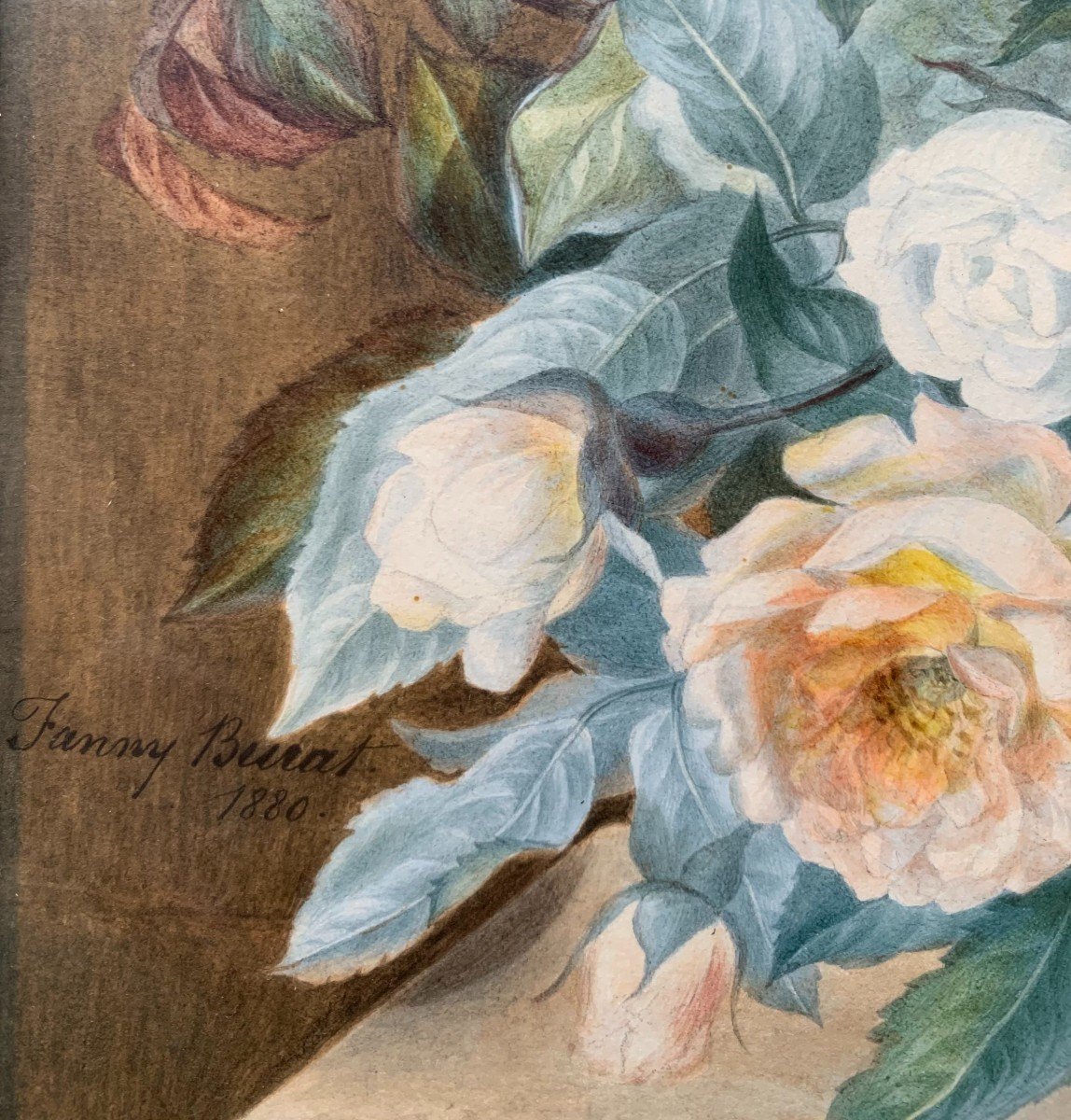 Fanny Burat (1838-1910) - Still Life With Bouquet Of Roses - Watercolor 1880-photo-4