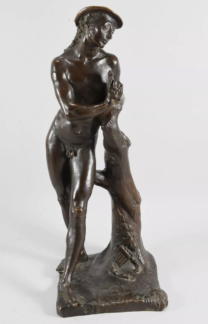 Paul Scheurich (1883-1945) - Homme Nu Au Bâton - Epreuve En Bronze Patine Brune-photo-2