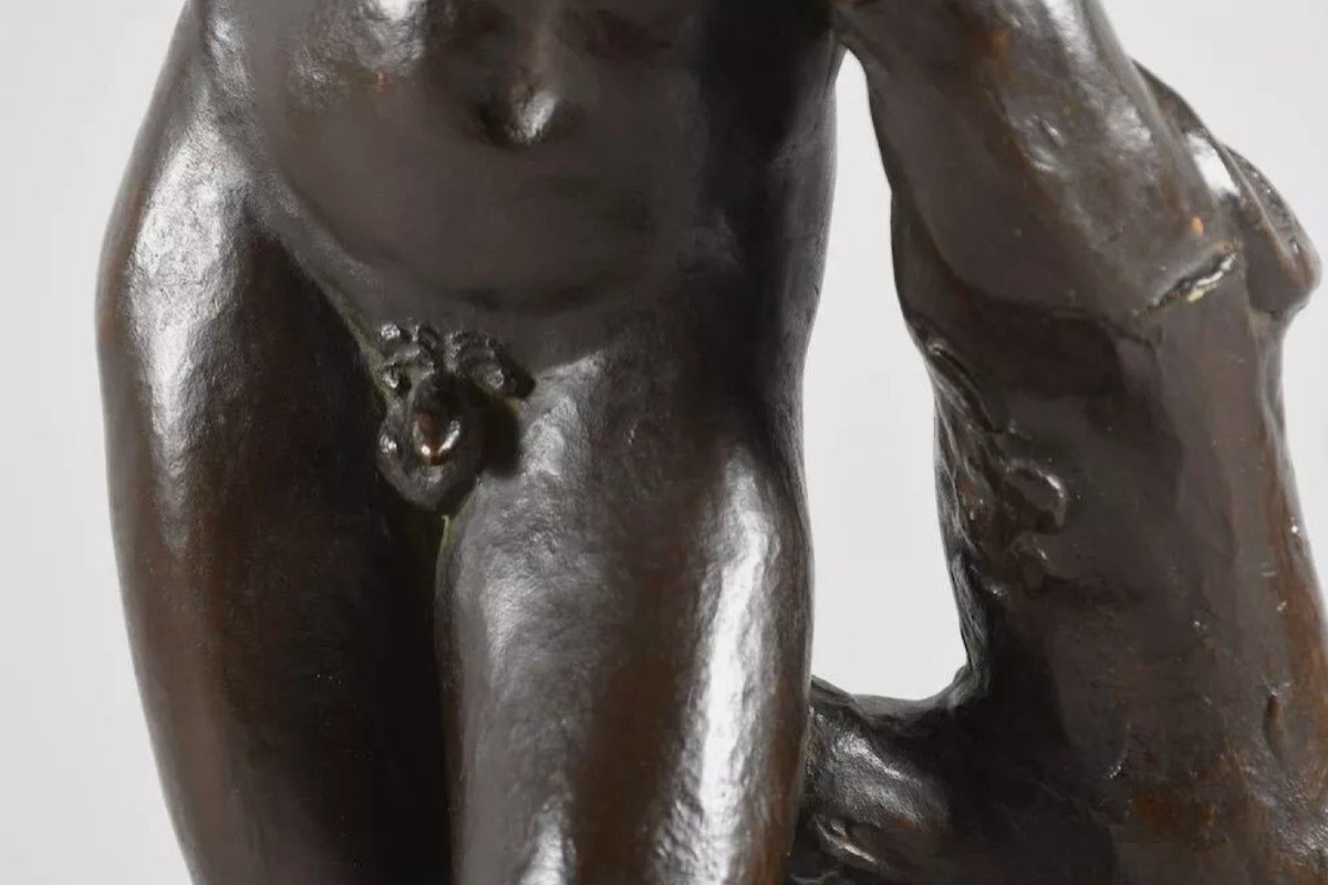 Paul Scheurich (1883-1945) - Homme Nu Au Bâton - Epreuve En Bronze Patine Brune-photo-3