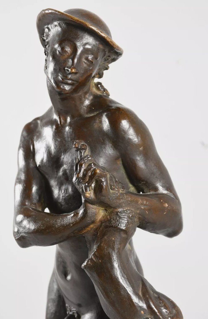 Paul Scheurich (1883-1945) - Homme Nu Au Bâton - Epreuve En Bronze Patine Brune-photo-5