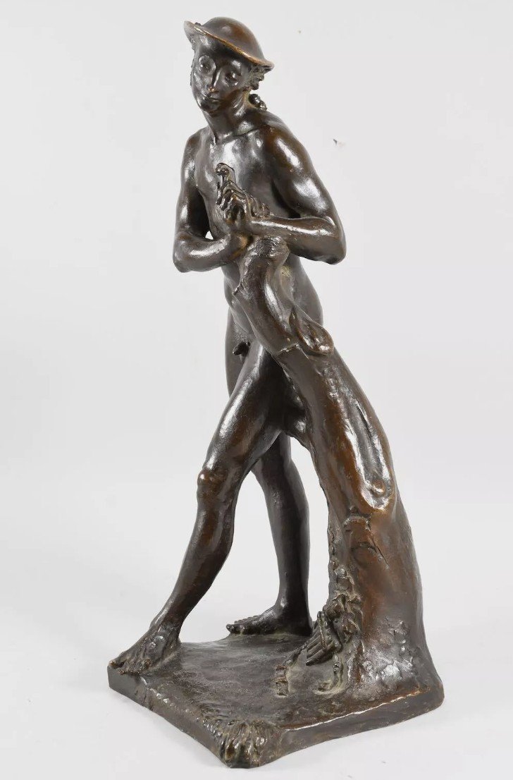 Paul Scheurich (1883-1945) - Homme Nu Au Bâton - Epreuve En Bronze Patine Brune