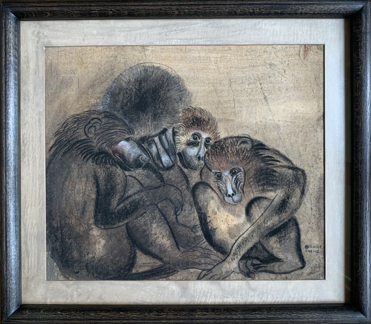 Camille Roche (1894-1948) - Les Singes - Pastel Et Fusain