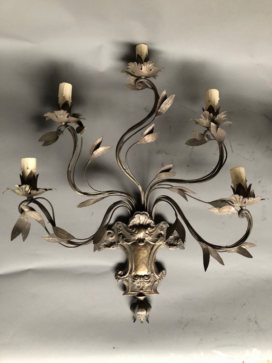 Pair Of Sconces In Sheet Metal And Hammered Iron - Silver - 50s - Plants-photo-3