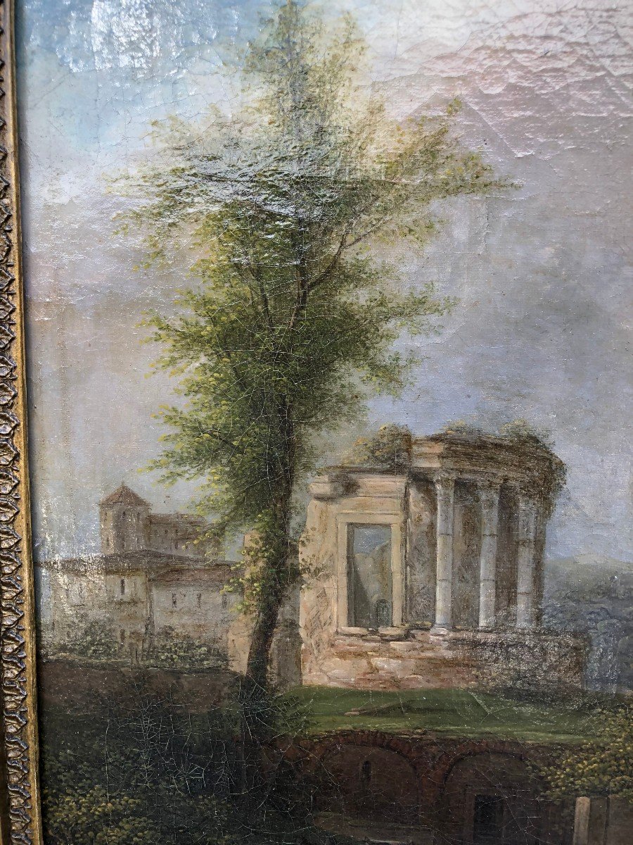 Huile Sur Toile Début XIXème - Paysage Italien - Temple Et Personnages-photo-3