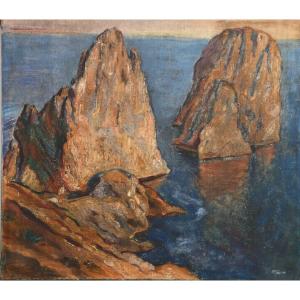 Grand Tableau - Vue De Capri - 1926 - Italie - Huile Sur Toile