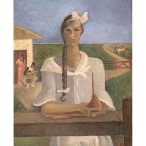 South American School - Circa 1940 - Oil On Strong Cardboard - A Woman Drinking Mate