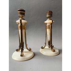 Pair Of Onyx And Gilt Bronze Candlesticks - 19th Century