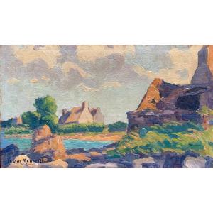 Charles Menneret (1876-1946) - Paysage Breton Aux Maisons - Huile Sur Panneau De Bois