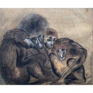 Camille Roche (1894-1948) - The Monkeys - Pastel And Charcoal 