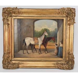 Oil On Canvas - 19th Century - Horses And Dogs In The Stable 