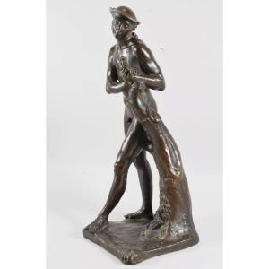 Paul Scheurich (1883-1945) - Homme Nu Au Bâton - Epreuve En Bronze Patine Brune