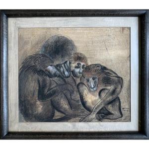 Camille Roche (1894-1948) - The Monkeys - Pastel And Charcoal