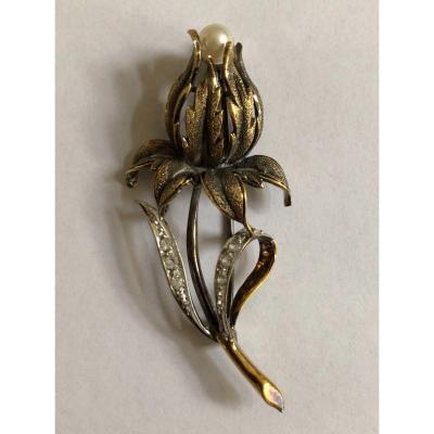 Broche en forme de chardon - Vermeil, perle et pierres - Vers 1900