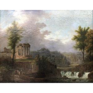 Oil On Canvas Early XIXth - Italian Landscape - Temple And Characters