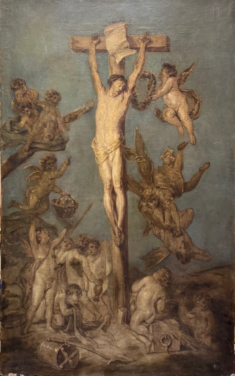 Ecole Flamande XVIIIème - Esquisse En Grisaille - Christ En Croix -photo-1