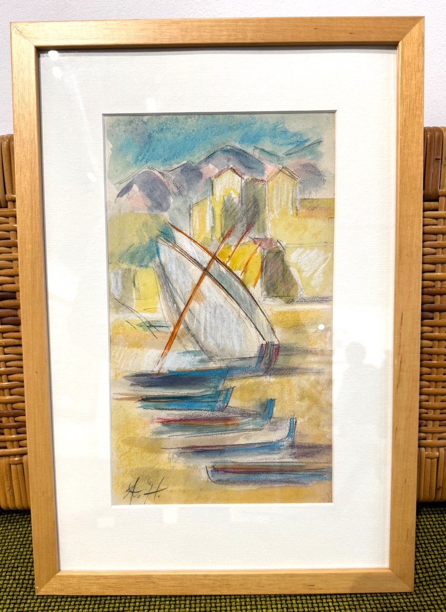 Augustin Hanicotte - Barques à Collioure - Pastel Et Aquarelle -photo-2