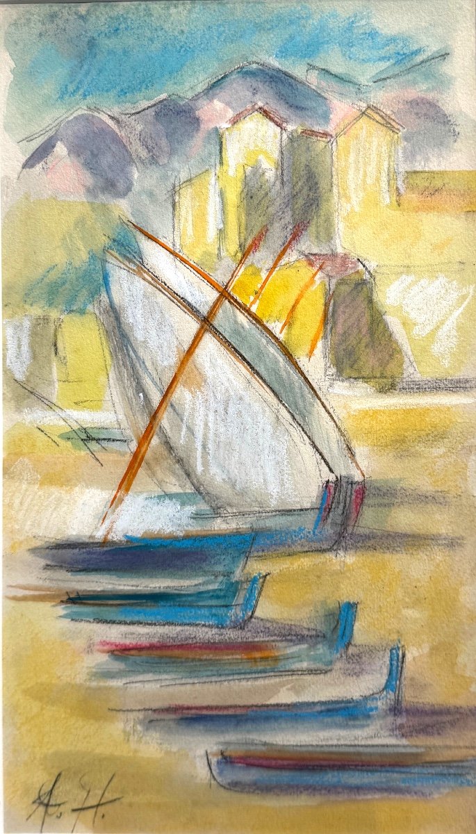 Augustin Hanicotte - Barques à Collioure - Pastel Et Aquarelle 