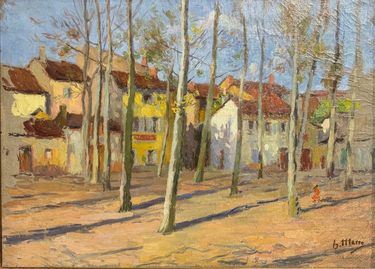 Henri Marre - Village Square - Oil On Canvas