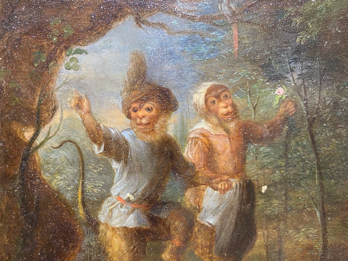 Abraham Teniers (entourage de) - La danse des singes - Huile sur cuivre-photo-2